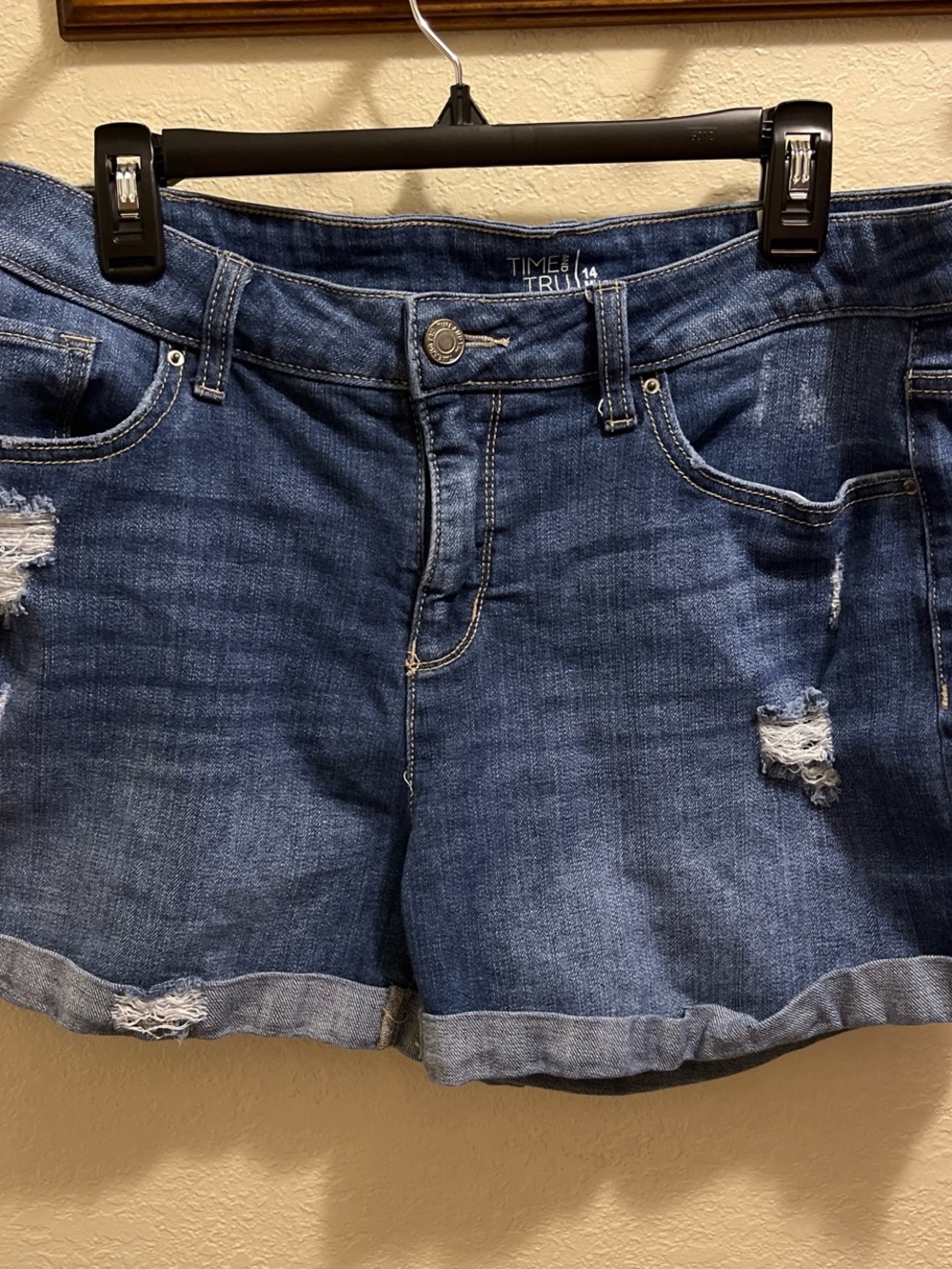Time and Tru Dark Blue Distressed Rolled-Hem Jean Shorts